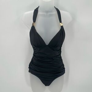 Victorias Secret Swimsuit Womens S Black Shirred Halter 1 Piece Ruched -flawed